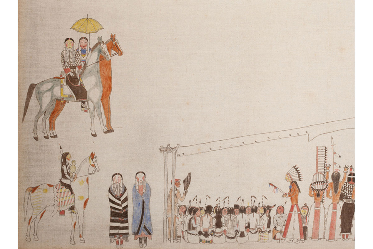 Lakota Pictorial muslin depicting a Sun Dance